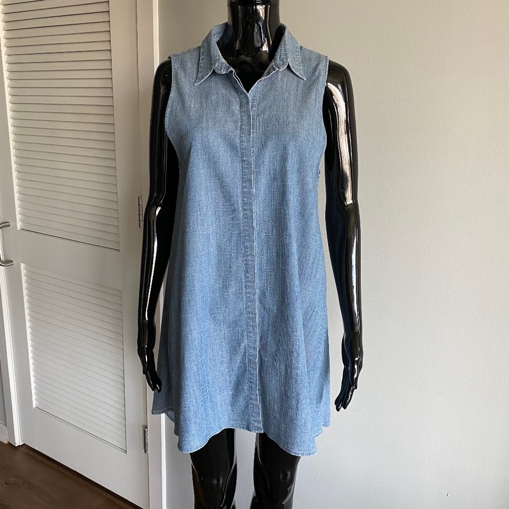 $265 Alice + Olivia M 6-8 Blue Chambray Linen Shift A-line Sleeveless Mini Dress